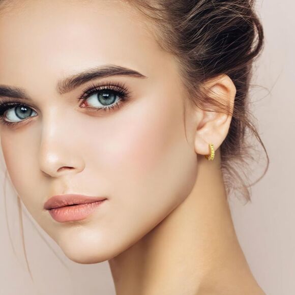 14K Yellow Gold with Yellow Citrine Cubic Zirconia Princess Cut Huggie Earrings - Picture 5 of 6